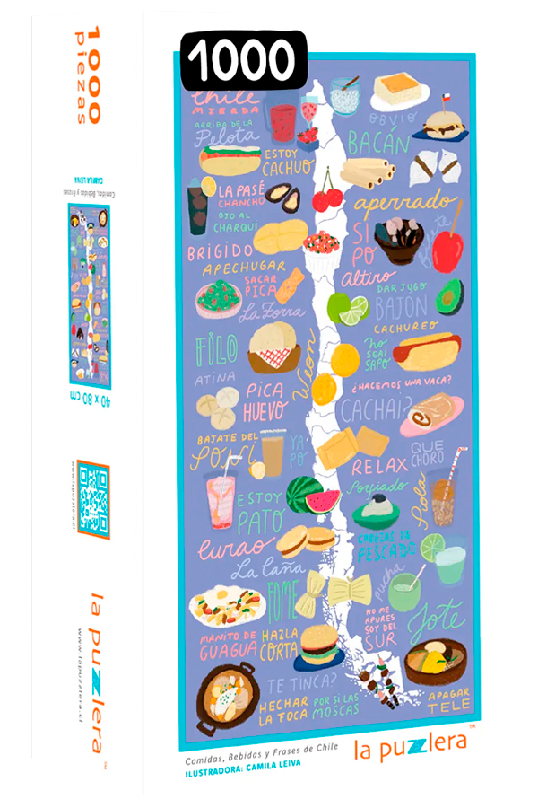 Puzzle mapa de Chile. Comidas, bebidas y frases