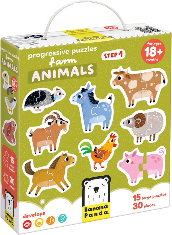 Puzzle Progressive Farm Animals (30 piezas, 15 puzzles) 18M+